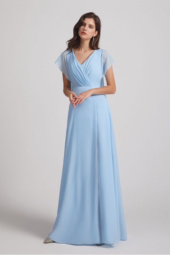 V-Neck Flutter Sleeve Backless Chiffon Bridesmaid Dress with Side Slit UK
