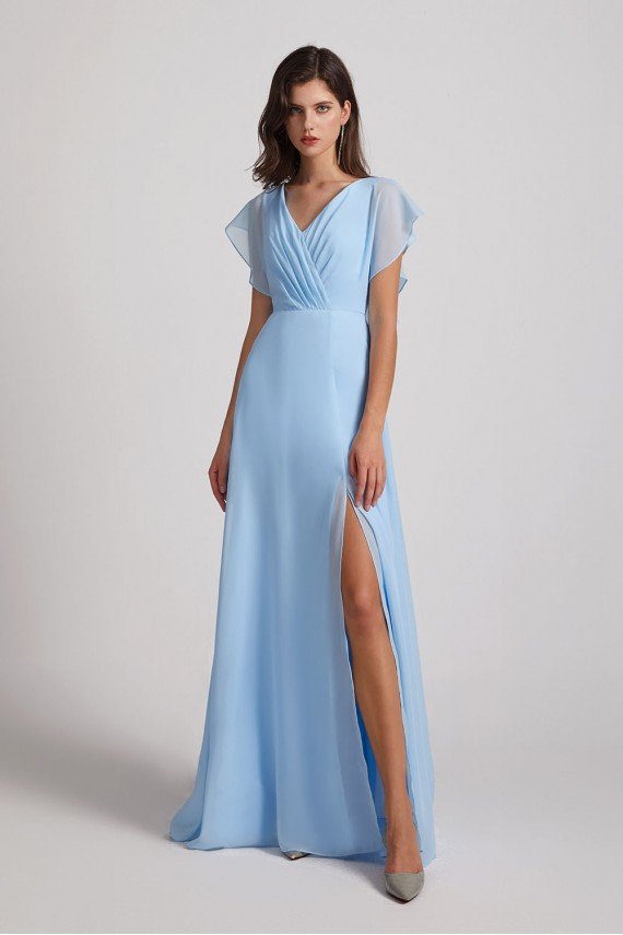 V-Neck Flutter Sleeve Backless Chiffon Bridesmaid Dress with Side Slit UK