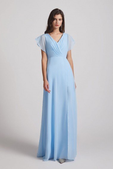 V-Neck Flutter Sleeve Backless Chiffon Bridesmaid Dress with Side Slit UK