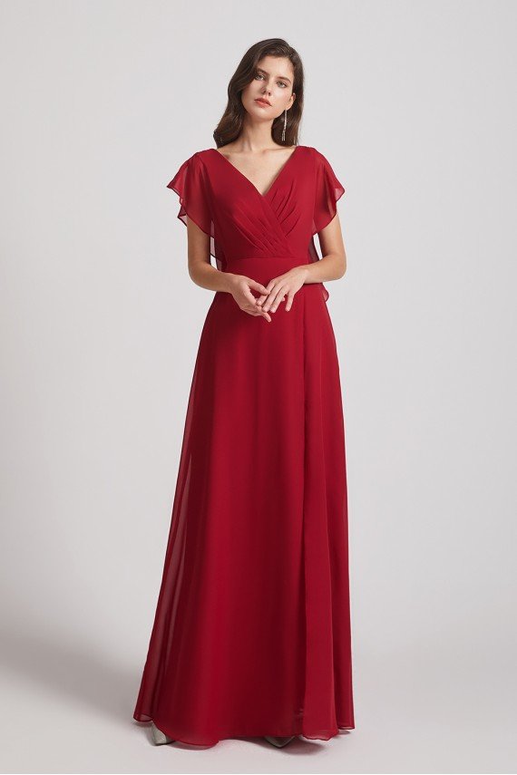 V-Neck Chiffon Long Backless Bridesmaid Dress with Side Slit UK