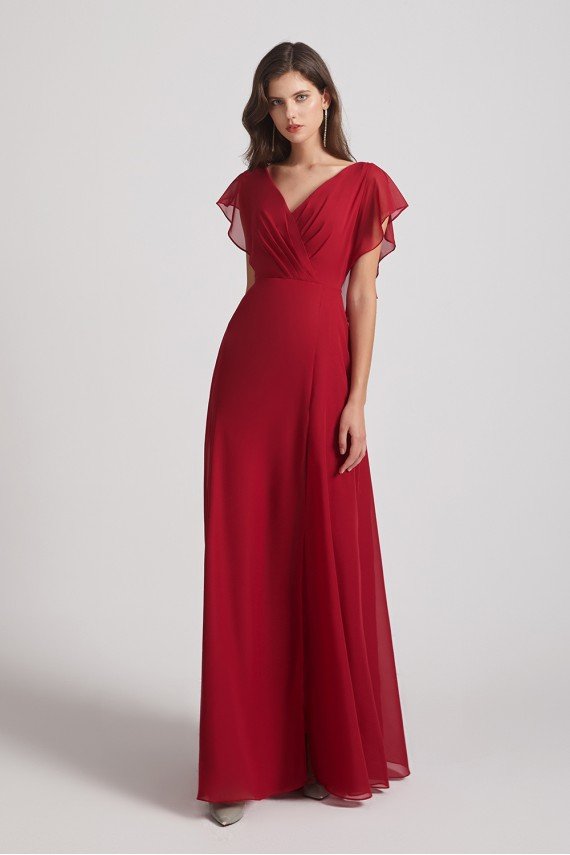 V-Neck Chiffon Long Backless Bridesmaid Dress with Side Slit UK