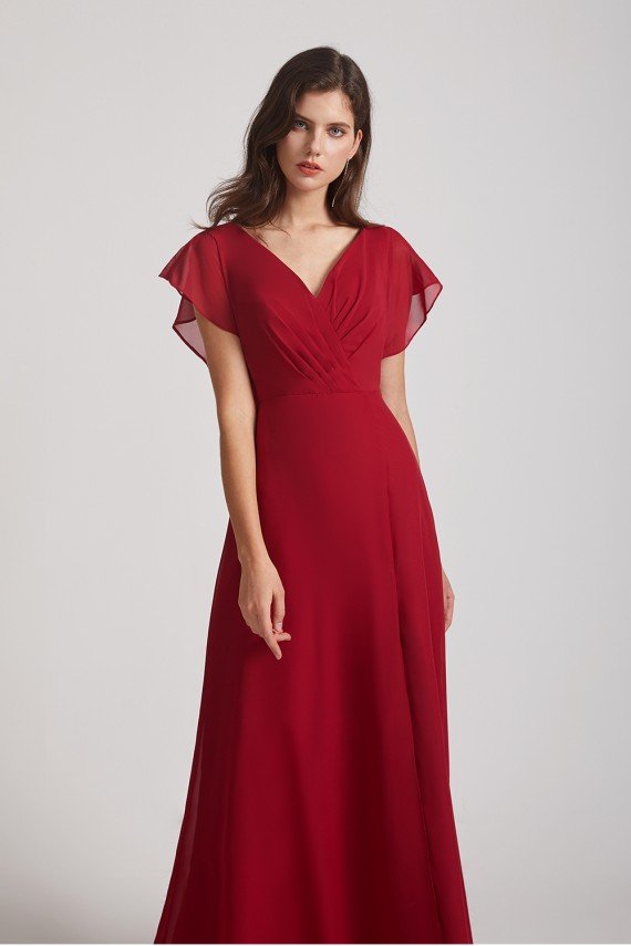V-Neck Chiffon Long Backless Bridesmaid Dress with Side Slit UK