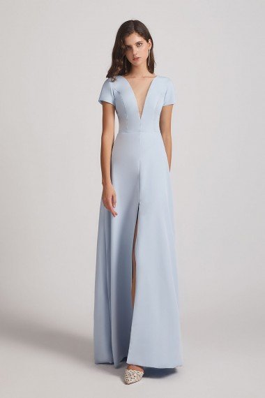 Illusion V-Neck Short Sleeve Bridesmaid Dress with Front Slit UK