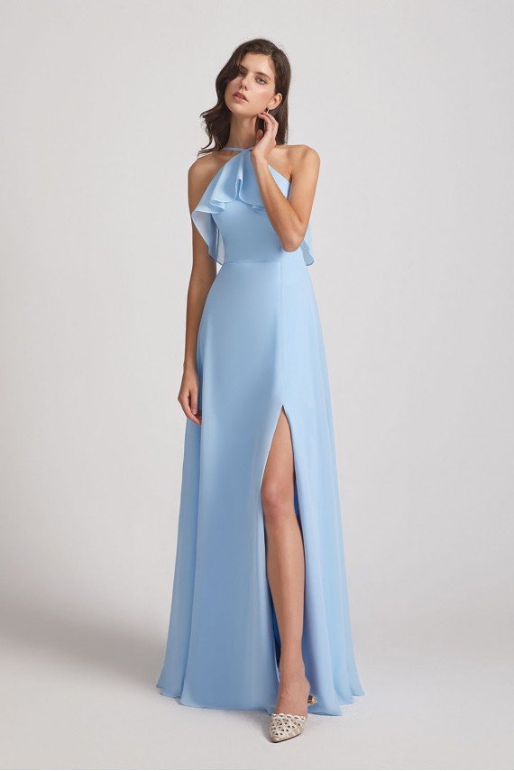 Ruffled Halter Neckline A-Line Skirt Slit Bridesmaid Dress UK