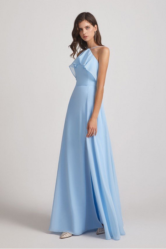 Ruffled Halter Neckline A-Line Skirt Slit Bridesmaid Dress UK