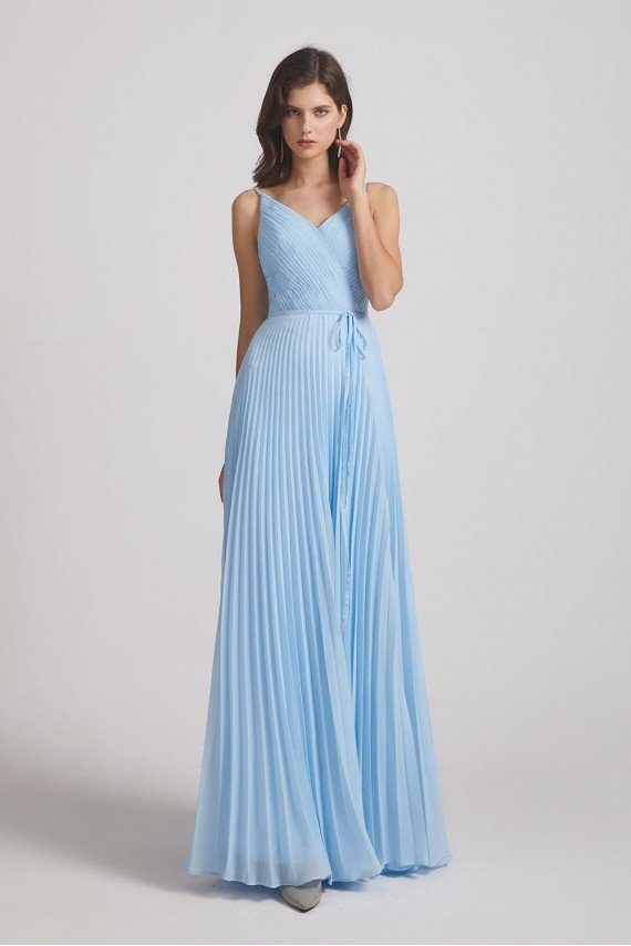 Spaghetti Straps V-Neck Pleated Blue Chiffon Bridesmaid Dress UK