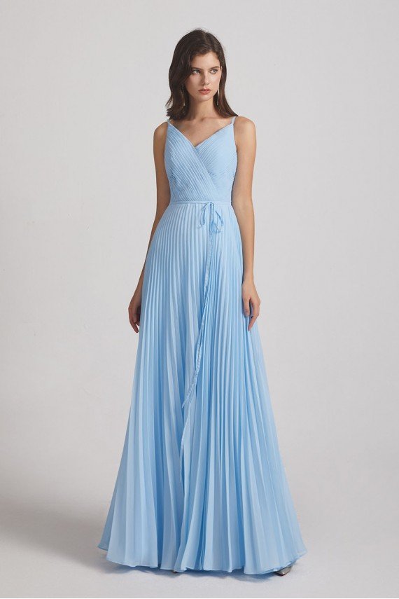 Spaghetti Straps V-Neck Pleated Blue Chiffon Bridesmaid Dress UK