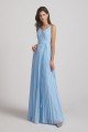 Spaghetti Straps V-Neck Pleated Blue Chiffon Bridesmaid Dress UK