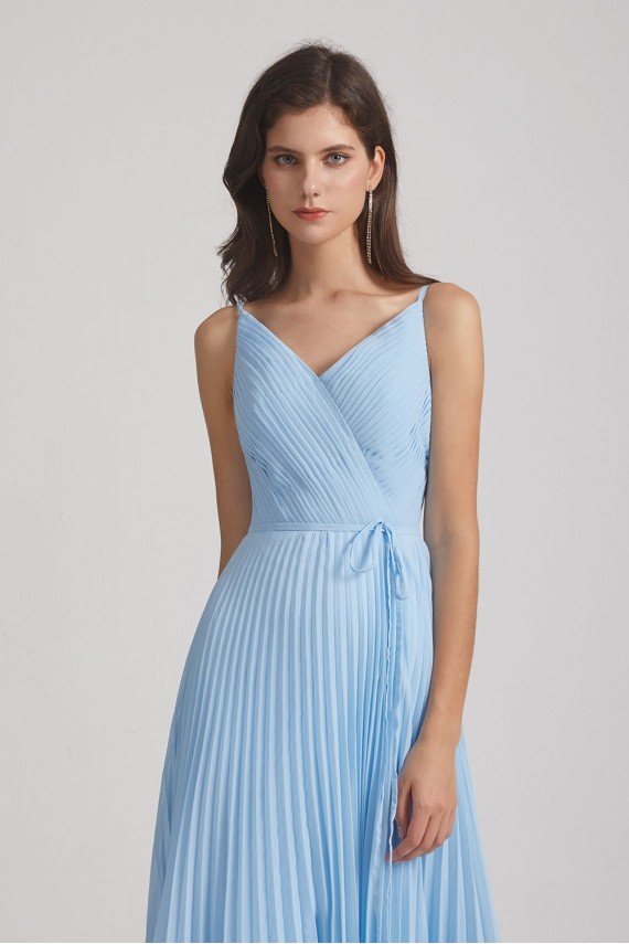 Spaghetti Straps V-Neck Pleated Blue Chiffon Bridesmaid Dress UK