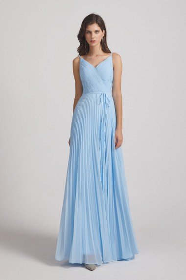 Spaghetti Straps V-Neck Pleated Blue Chiffon Bridesmaid Dress UK