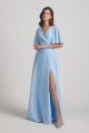 V-Neck Chiffon Side Slit Flutter Half Sleeve Blue Bridesmaid Dress UK