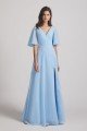 V-Neck Chiffon Side Slit Flutter Half Sleeve Blue Bridesmaid Dress UK