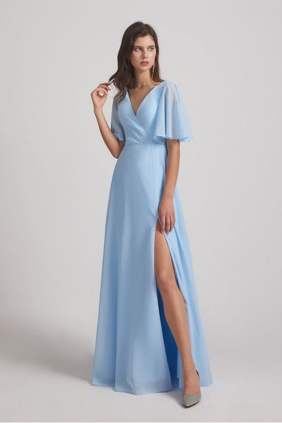 V-Neck Chiffon Side Slit Flutter Half Sleeve Blue Bridesmaid Dress UK