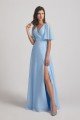 V-Neck Chiffon Side Slit Flutter Half Sleeve Blue Bridesmaid Dress UK