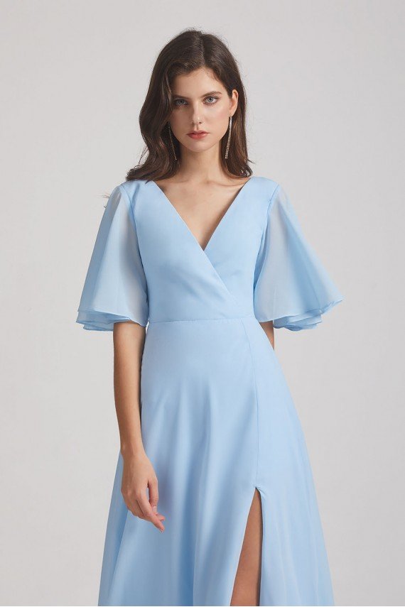 V-Neck Chiffon Side Slit Flutter Half Sleeve Blue Bridesmaid Dress UK