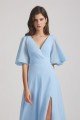 V-Neck Chiffon Side Slit Flutter Half Sleeve Blue Bridesmaid Dress UK