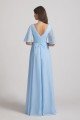 V-Neck Chiffon Side Slit Flutter Half Sleeve Blue Bridesmaid Dress UK