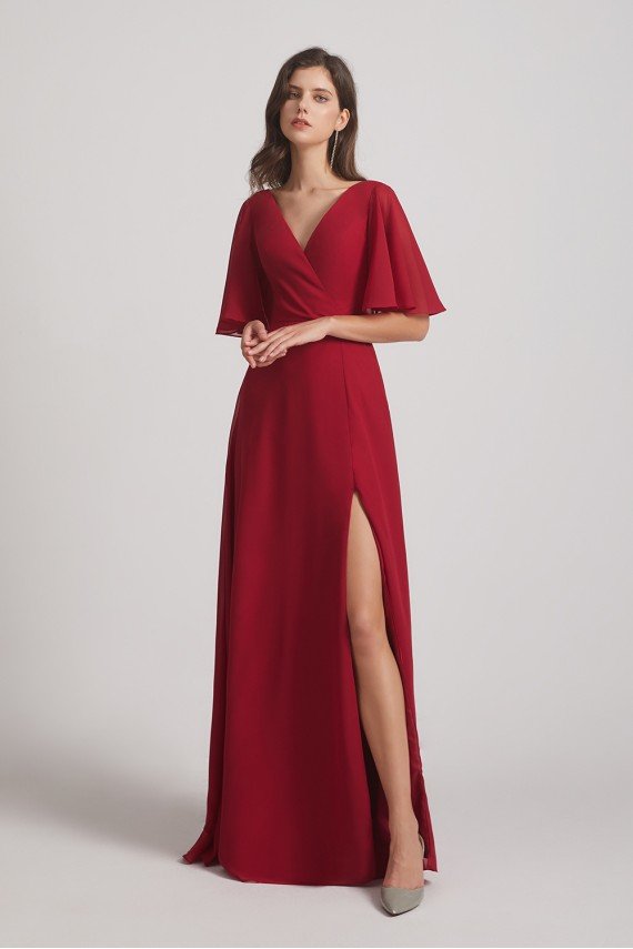V-Neck Chiffon Side Slit Bridesmaid Dress With Flutter Half Sleeves UK