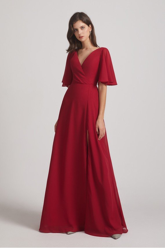 V-Neck Chiffon Side Slit Bridesmaid Dress With Flutter Half Sleeves UK