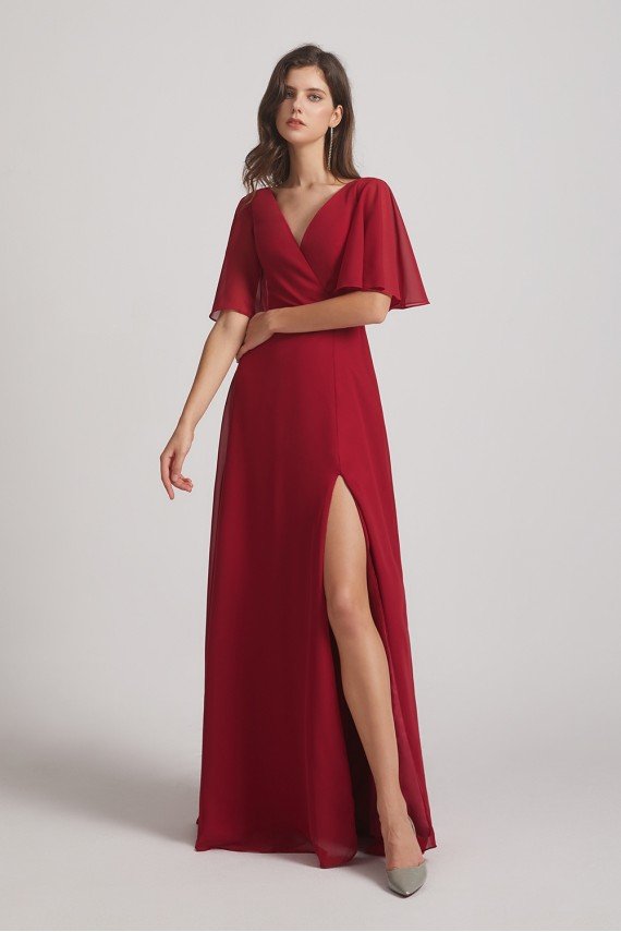 V-Neck Chiffon Side Slit Bridesmaid Dress With Flutter Half Sleeves UK