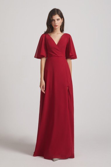 V-Neck Chiffon Side Slit Bridesmaid Dress With Flutter Half Sleeves UK