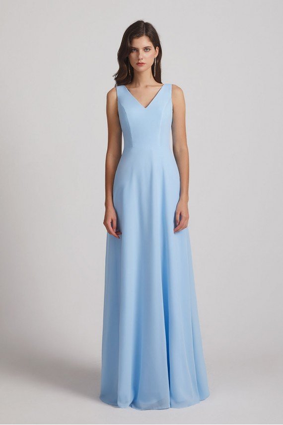 V-Neck Straps A-Line Chiffon Bridesmaid Dress with Tied Sash UK