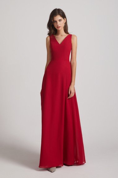 V-Neck Tie Back A-line Chiffon Long Bridesmaid Dress UK