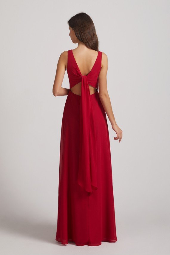 V-Neck Tie Back A-line Chiffon Long Bridesmaid Dress UK