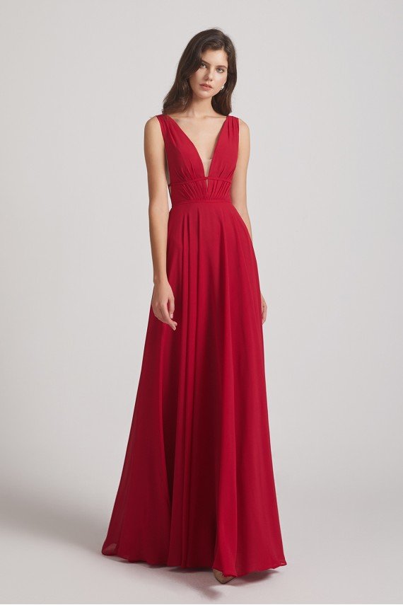 Wide Straps Double V-Neck Crinkle Chiffon Bridesmaid Dress UK
