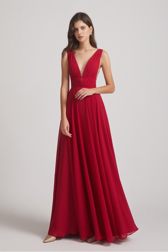 Wide Straps Double V-Neck Crinkle Chiffon Bridesmaid Dress UK