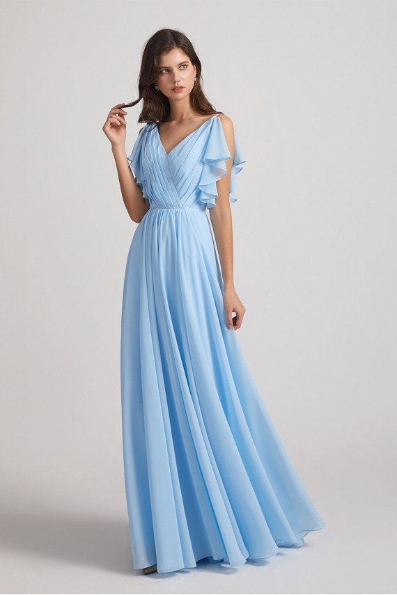 Crinkle Chiffon Bridesmaid Dress with Open Flutter Sleeves UK