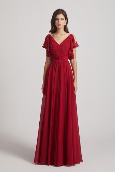 V-Neck Pleated Chiffon Bridesmaid Dress with Open Flutter Sleeves UK