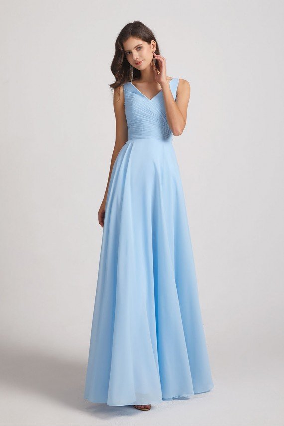 V-Neck Sleeveless Pleated Chiffon Bridesmaid Dress with Back Tie UK