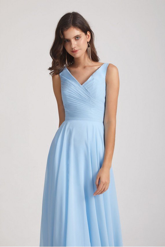 V-Neck Sleeveless Pleated Chiffon Bridesmaid Dress with Back Tie UK