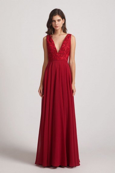 Double V-Neck Straps Lace Top Long Sexy Bridesmaid Dress UK