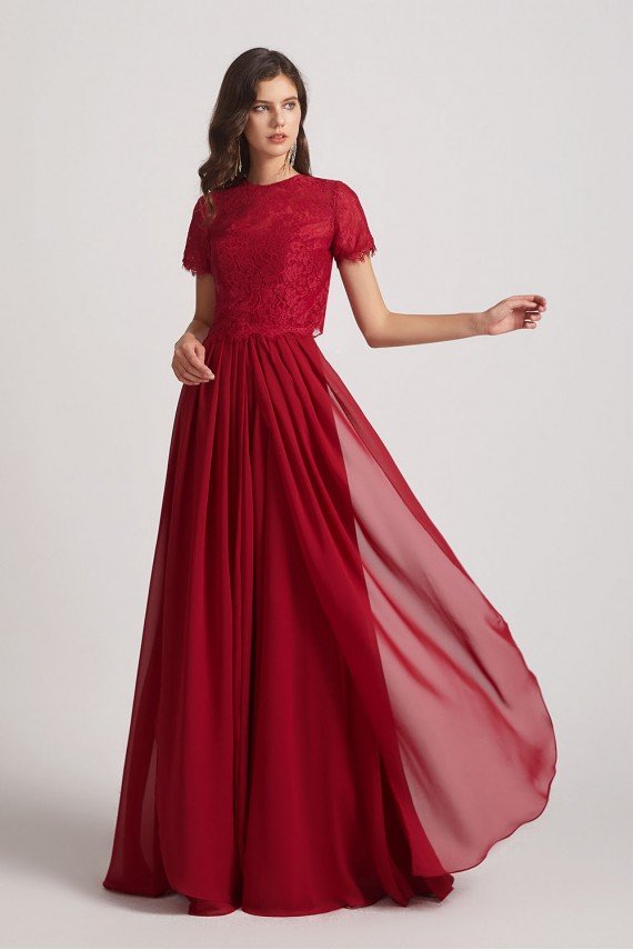 Jewel Lace Top Short Sleeve Long Chiffon Bridesmaid Dress UK