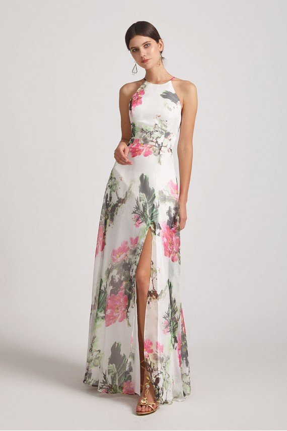 Floral Print Halter Bridesmaid Dress Ink Wash Painting UK