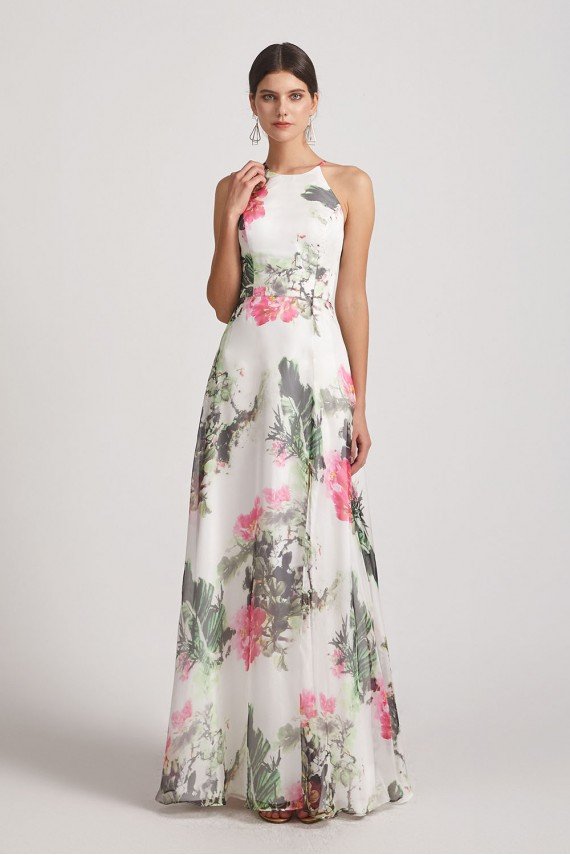 Floral Print Halter Bridesmaid Dress Ink Wash Painting UK