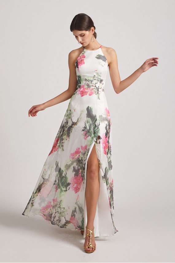 Floral Print Halter Bridesmaid Dress Ink Wash Painting UK
