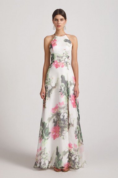 Floral Print Halter Bridesmaid Dress Ink Wash Painting UK