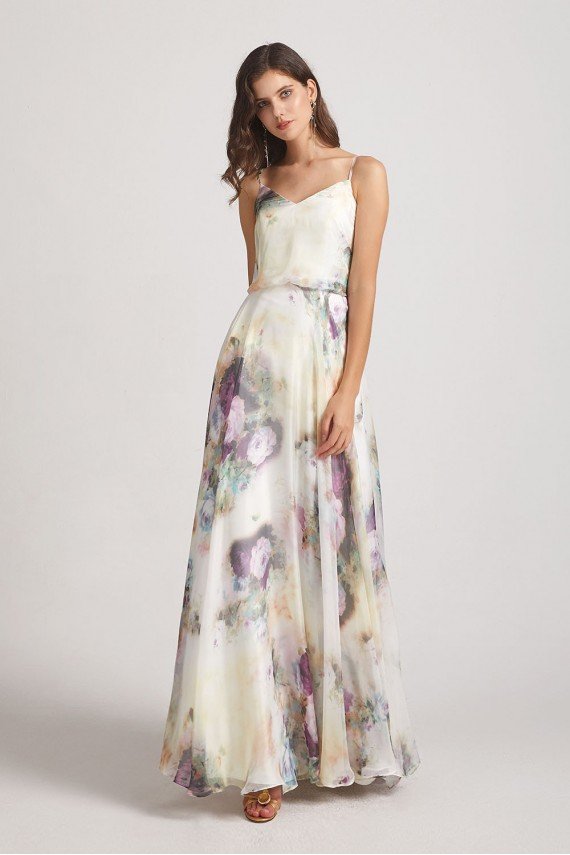 V-Neck Spaghetti Straps Floral Bridesmaid Dress UK