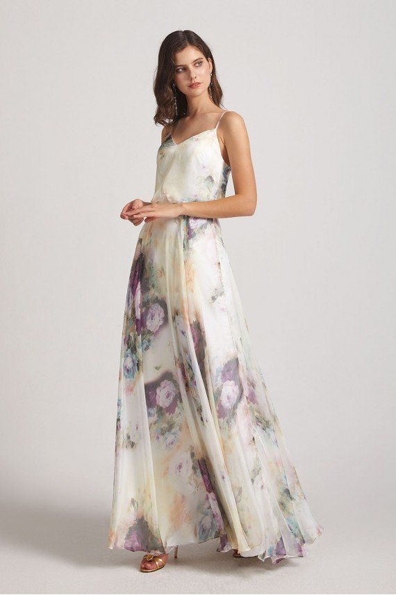 V-Neck Spaghetti Straps Floral Bridesmaid Dress UK