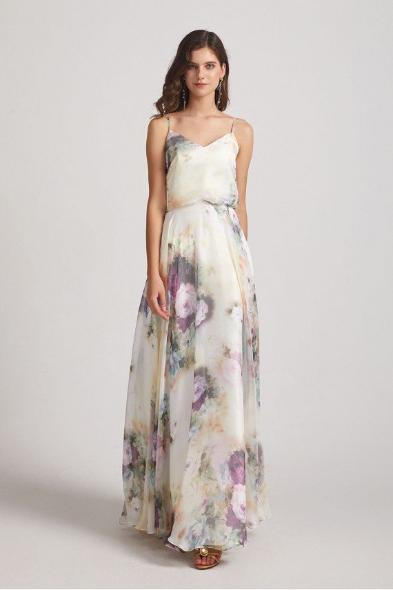 V-Neck Spaghetti Straps Floral Bridesmaid Dress UK