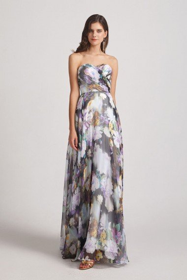Strapless Cross-Ruched Bodice Patterned Floral Bridesmaid Dress UK