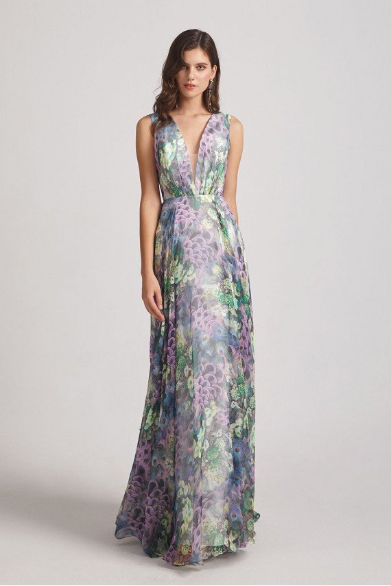 Peacock Floral-Printed Bridesmaid Dress with Double V-Neck UK