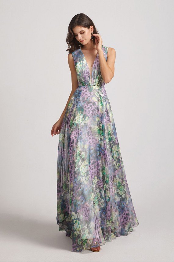 Peacock Floral-Printed Bridesmaid Dress with Double V-Neck UK