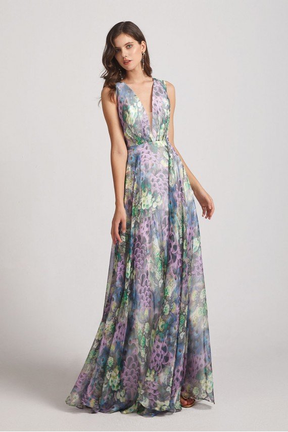 Peacock Floral-Printed Bridesmaid Dress with Double V-Neck UK