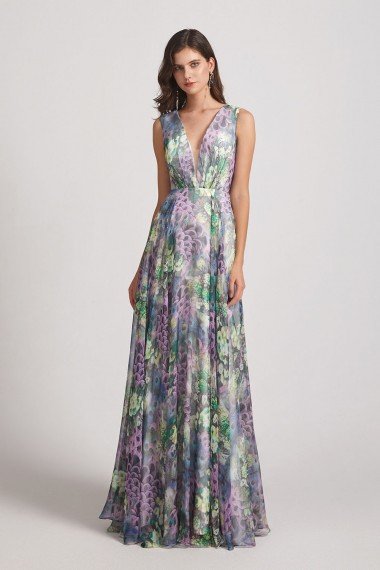 Peacock Floral-Printed Bridesmaid Dress with Double V-Neck UK