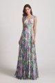 Peacock Floral-Printed Bridesmaid Dress with Double V-Neck UK