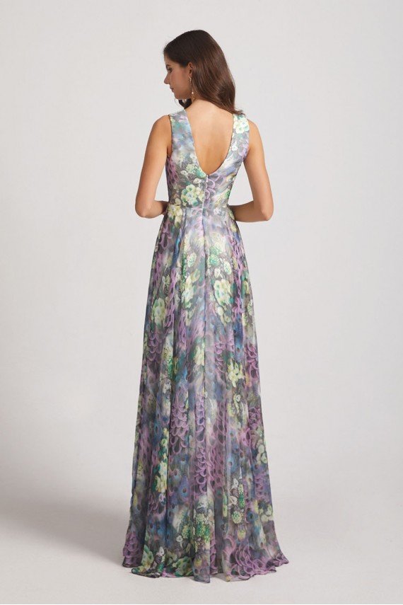 Peacock Floral-Printed Bridesmaid Dress with Double V-Neck UK